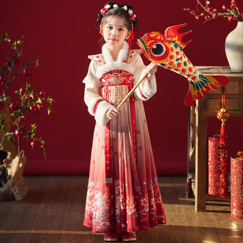 汉服女童连衣裙冬季2025新款加绒中国风超仙古装新年装拜年服裙子