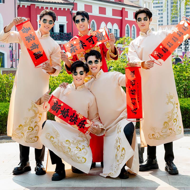 伴郎服中式夏季结婚礼服兄弟团接亲服装男中国风长袍大褂唐装马褂