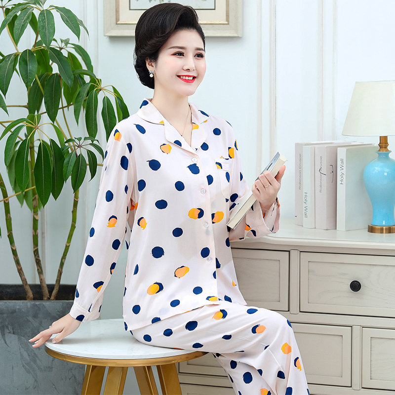 春秋棉绸睡衣女冰丝夏季薄款长袖套装人造棉开衫襟翻领绵绸家居服