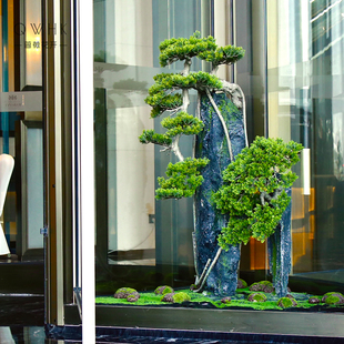 酒店旋转门花艺装饰花仿真迎客松盆景摆件中式枯假山水造景售楼处
