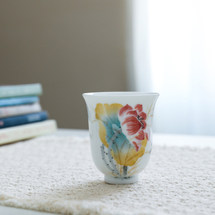 陶瓷手釉下彩工手绘品茗主人杯闻香杯品茶茶杯荷花铃铛杯 官润窑