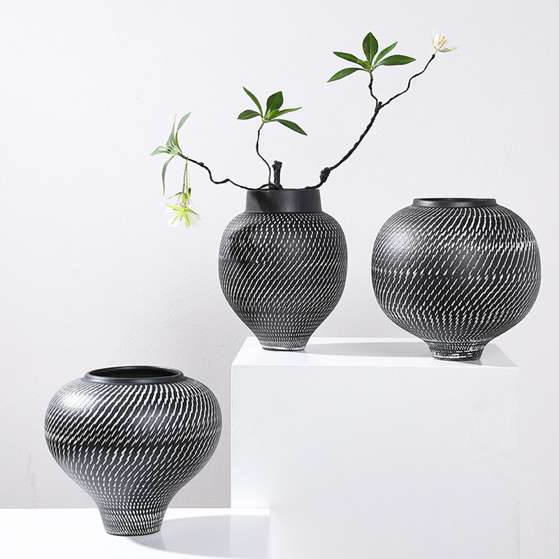 粗陶黑色复古大肚花瓶陶罐摆件