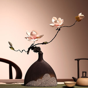 新中式创意陶瓷花瓶仿真玉兰花摆件客厅博古架书房茶室禅意装饰品