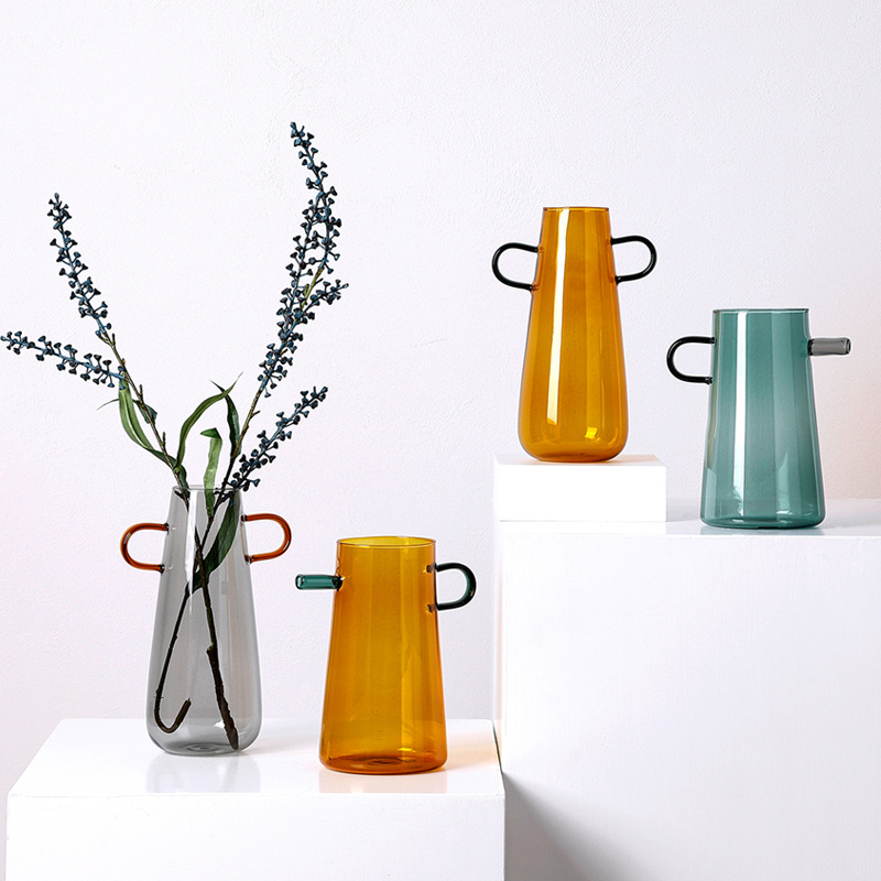 双耳透明中古风彩色敞口直筒花瓶