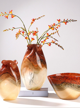 意式轻奢艺术琉璃大理石纹玻璃花瓶样板房间售楼处客厅奶油风摆件