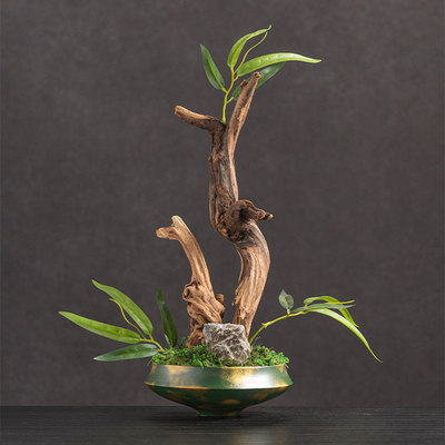新中式禅意根雕枯木假树摆件仿真花崖柏绿植艺术盆栽茶室书房盆景