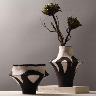 黑色仿古无釉大口径粗陶插花器陶罐陶瓷花瓶水培无孔花盆禅意摆件