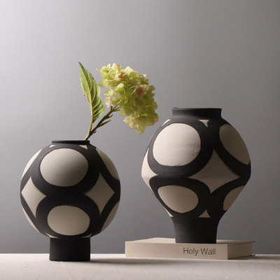 宋式美学古朴手绘粗陶插花摆件