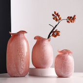 中古磨砂霜白粗陶罐玻璃花瓶糖果色粉色插花摆件餐桌水培花器高端