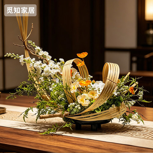 新中式禅意竹艺花艺梅花桌面摆件