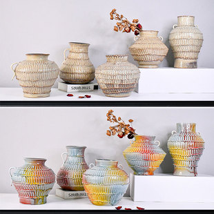 景德镇中式复古陶瓷彩釉浮雕扎染花瓶指压盘泥插双耳陶罐花器摆件