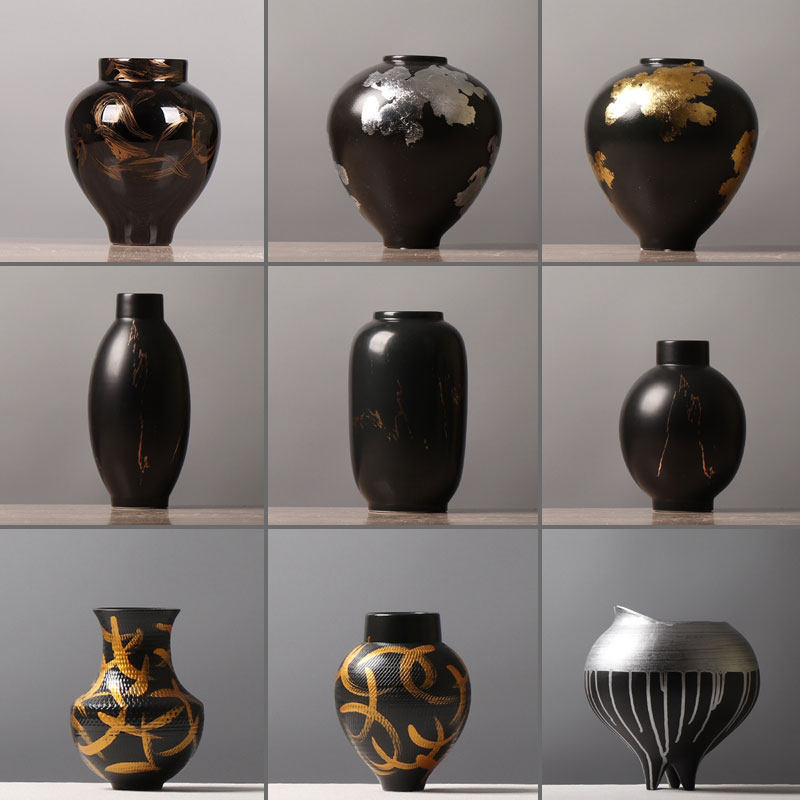 新中式覆古黑金陶瓷花瓶摆件样板房间样品屋展示中心大堂茶几餐桌