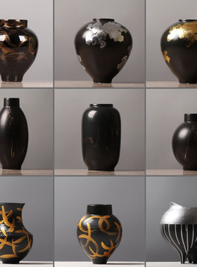 新中式复古黑金陶瓷花瓶摆件样板房间售楼处大堂茶几餐桌陶罐花器