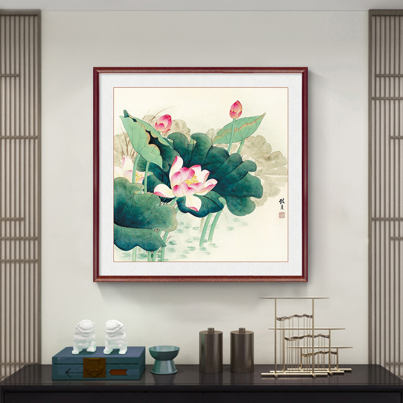 新中式荷花玄关装饰画走廊尽头方形挂画国画寓意好餐厅饭厅壁画图片