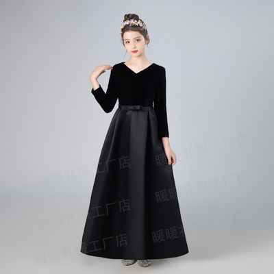 黑色女童礼服钢琴演出服小提琴演奏管乐团表演服长袖保暖春秋