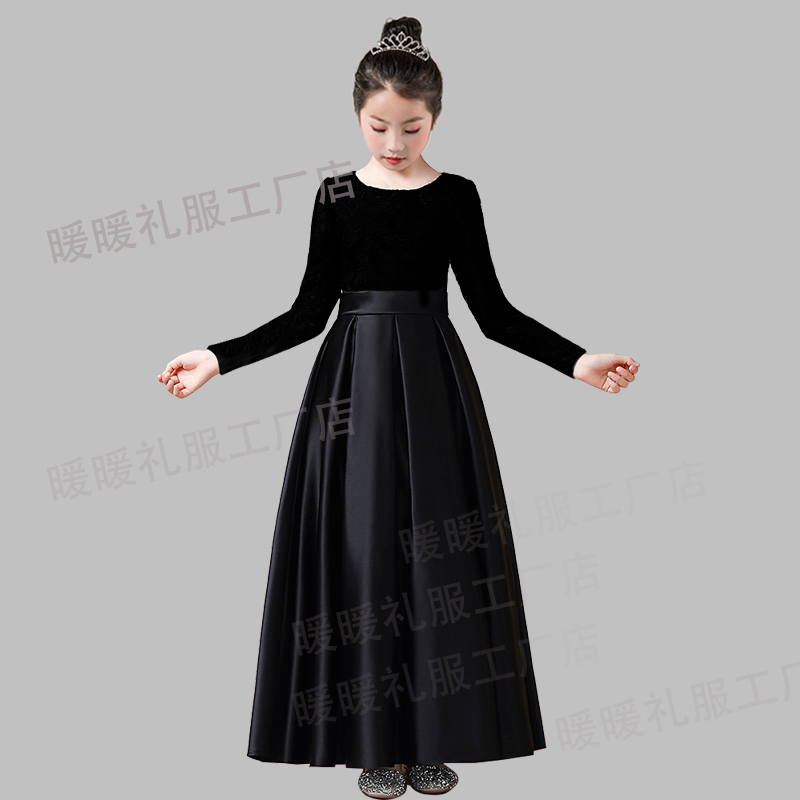 小学生初中儿童主持表演服黑色女童礼服钢琴演出服小提琴乐团演奏