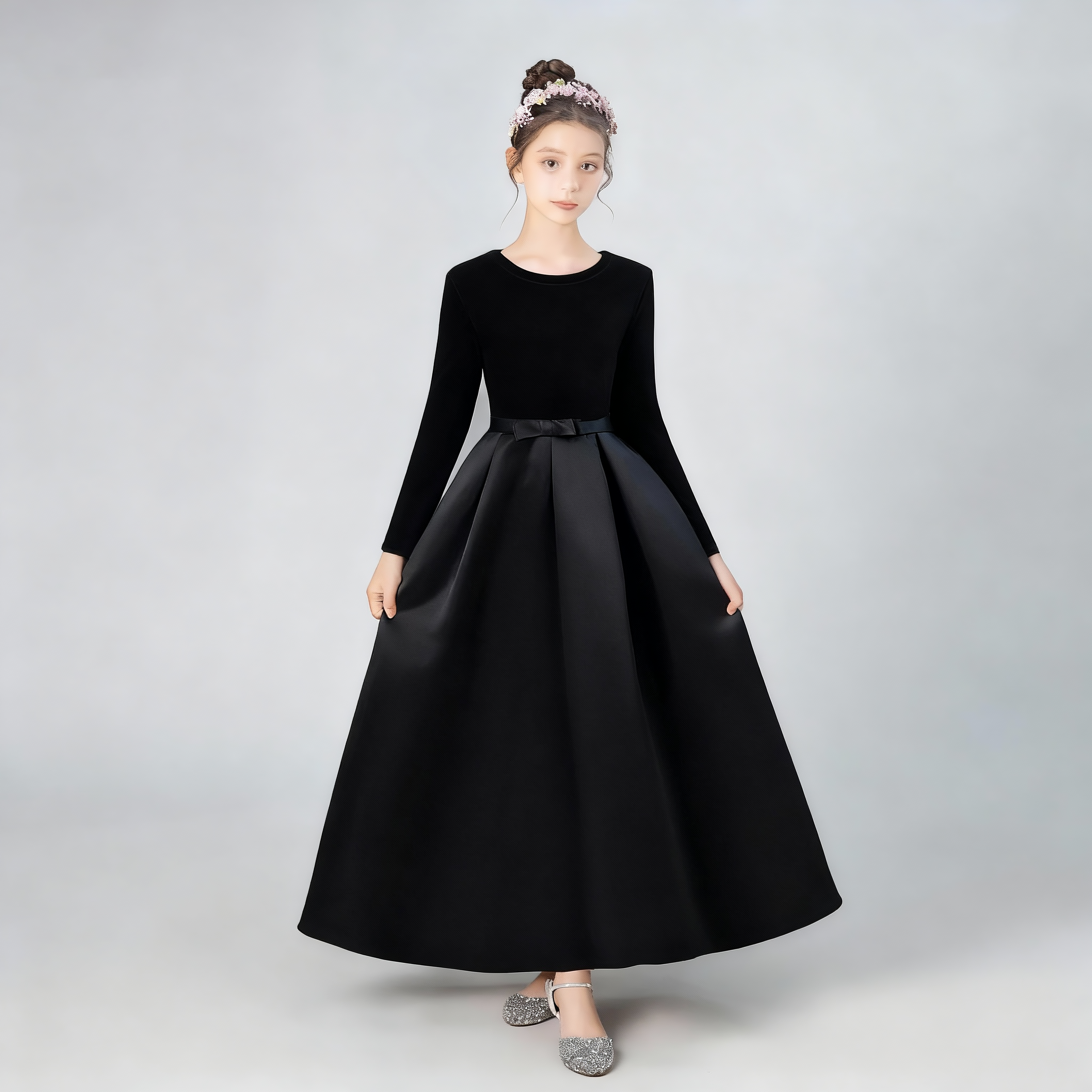 顺丰发黑色女童礼服钢琴演出服小提琴演奏管乐团表演服长袖保暖冬