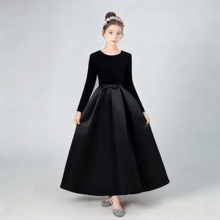 顺丰发黑色女童礼服钢琴演出服小提琴演奏管乐团表演服长袖保暖冬