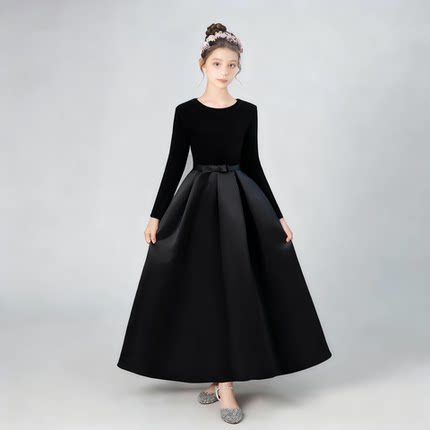 顺丰发黑色女童礼服钢琴演出服小提琴演奏管乐团表演服长袖保暖冬