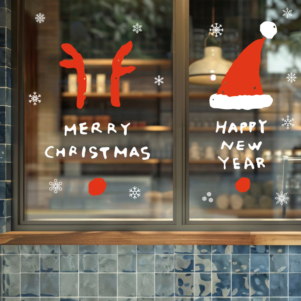 红帽驯鹿角2026圣诞节装饰商场店铺橱窗玻璃静电贴纸