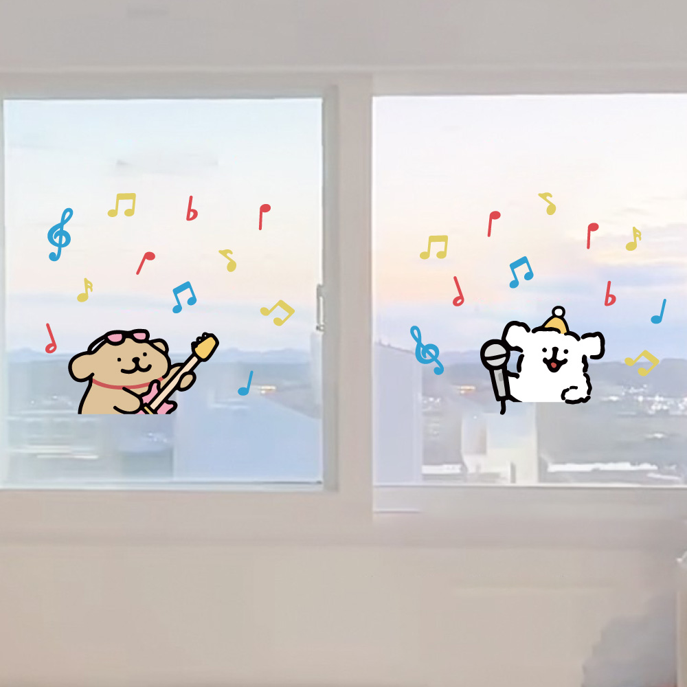 音乐吉他卡通可爱线条小狗多彩音符装饰镜子厨房汽车玻璃静电贴纸