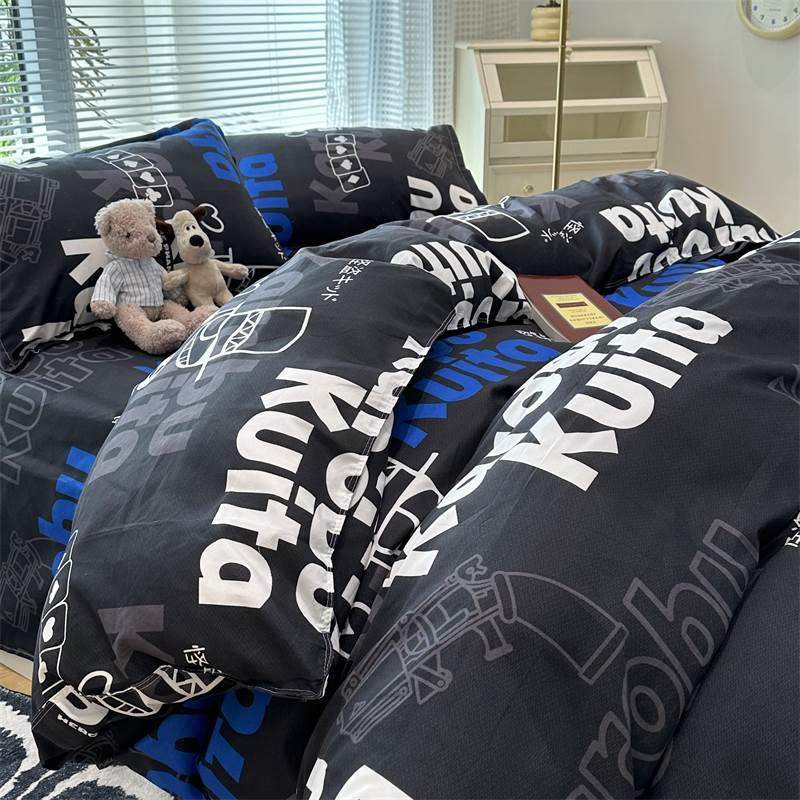 时尚潮流运动风字母款全棉纯棉床单磨毛被套四件套单人宿舍三件套