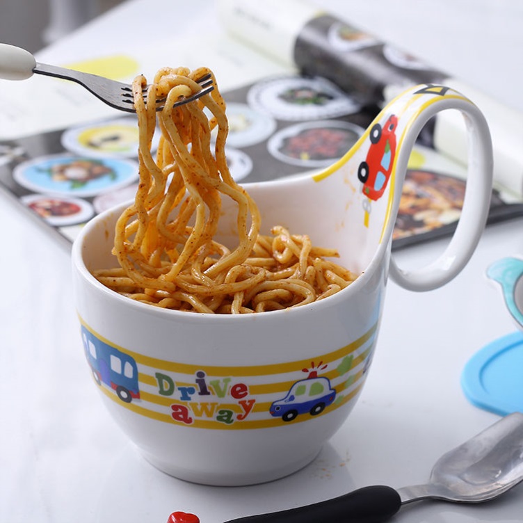 儿童吃饭碗5岁2-3-4-5-6岁陶瓷碗婴儿辅食碗防烫创意餐具套带把手