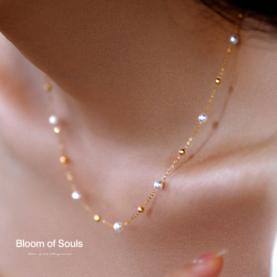 《星烁》天然淡水珍珠正圆无暇18K金强光小灯泡满天星项链法式女