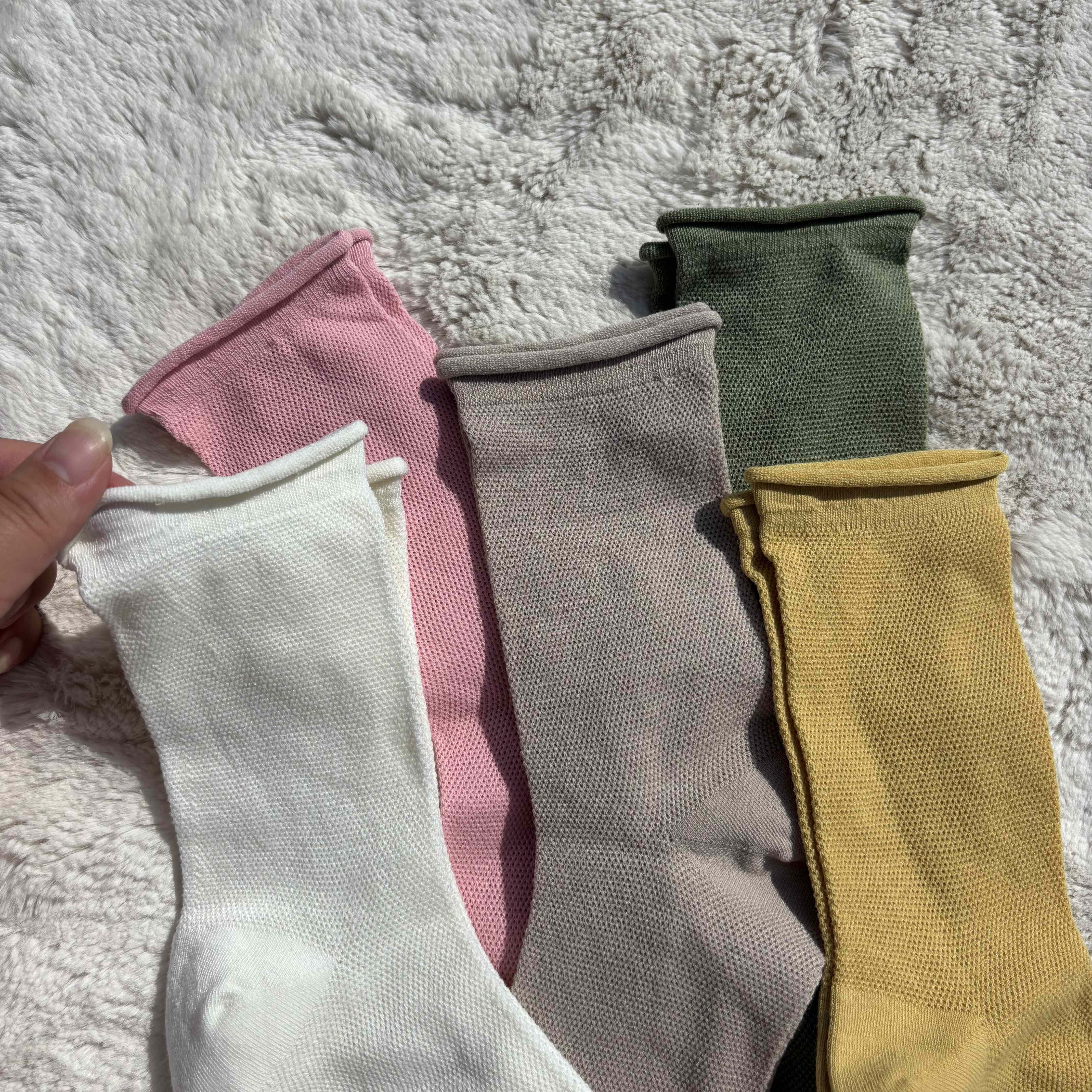 纯棉网眼！外贸日单女士春夏薄款透气无骨 卷边纯色中筒袜松口袜