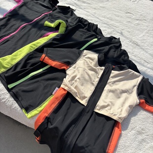 外贸出口日单男女孩大童短袖防晒冲浪服泳衣带胸垫拉链款上衣学生
