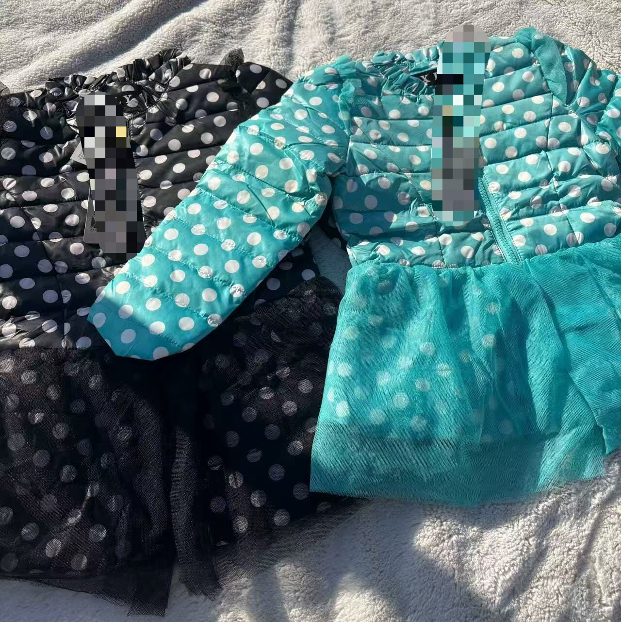 外贸。童装女童圆领波点棉袄可爱公主网纱拼接薄款棉服中长款外套