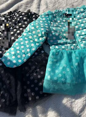 外贸。童装女童圆领波点棉袄可爱公主网纱拼接薄款棉服中长款外套