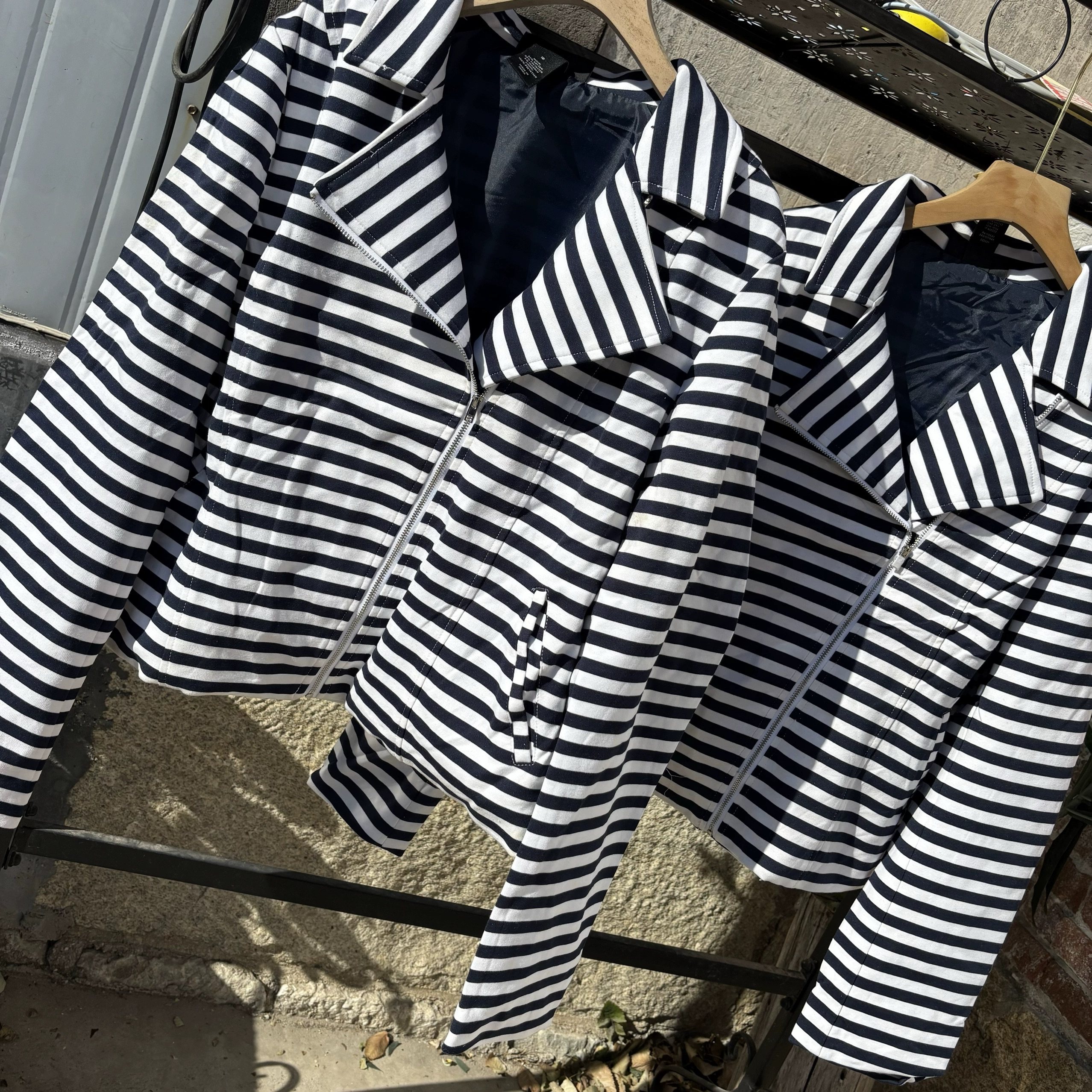 英国单。外贸女士春秋条纹翻领拉链开衫大码纯棉夹克短西装服外套