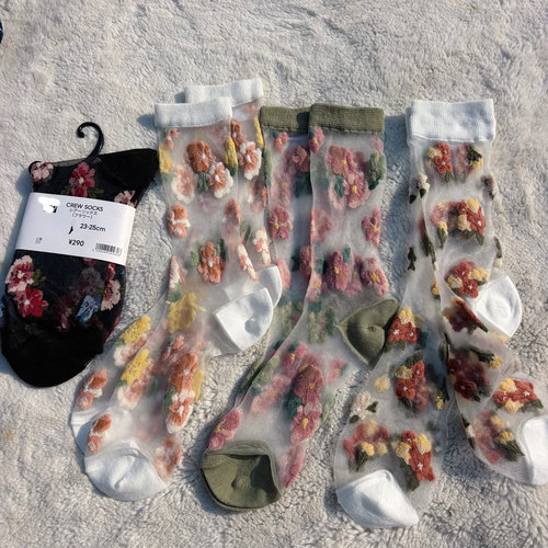 源价30+！G网在售。外贸日单女玻璃蕾丝花卉刺绣中筒袜水晶丝短袜
