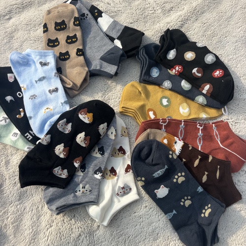 猫咪。外贸日单春夏季新款｜女士薄款卡通可爱短筒袜低帮休闲船袜