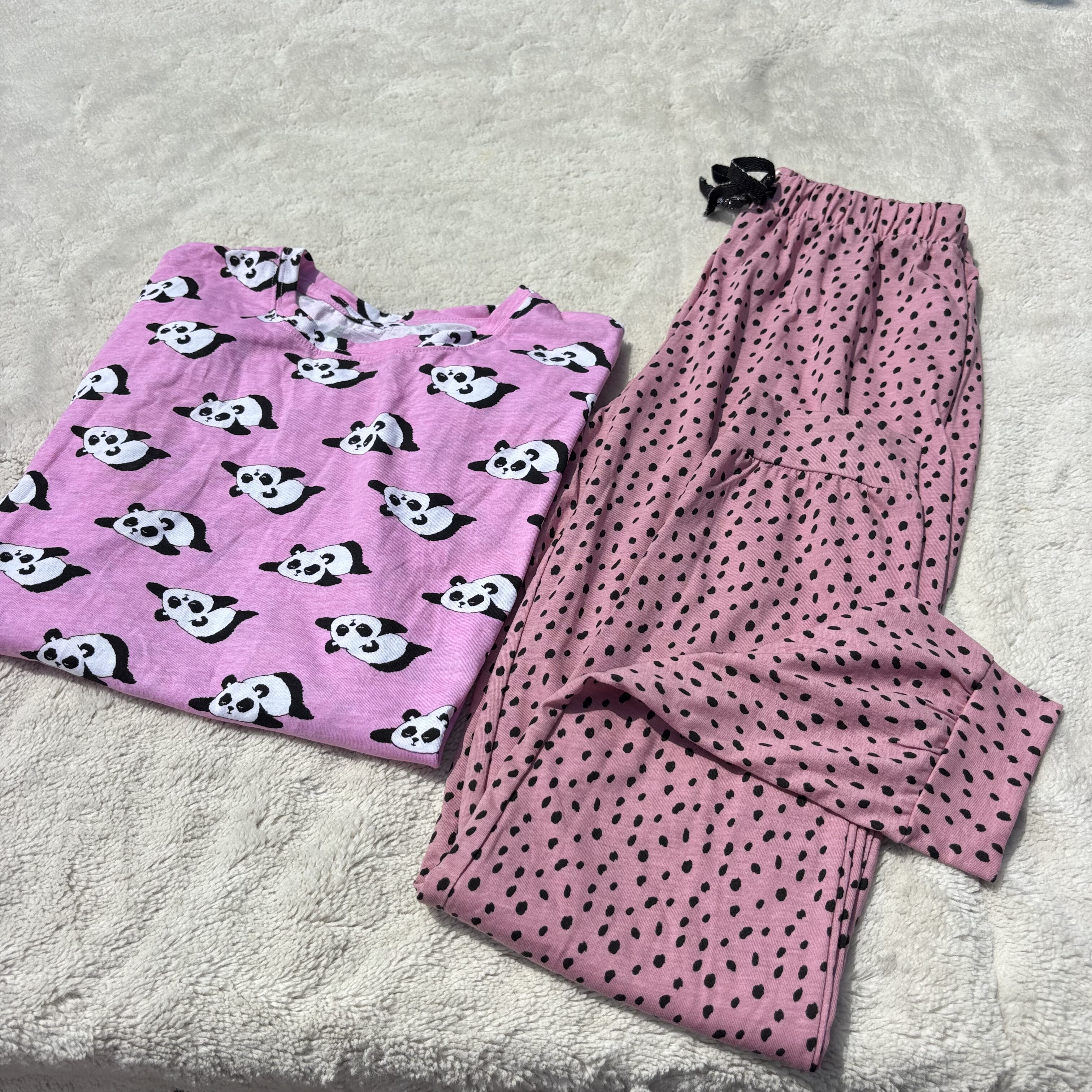 出口尾单。超可爱!外贸女卡通小熊猫家居服套装圆领短袖抽绳长裤