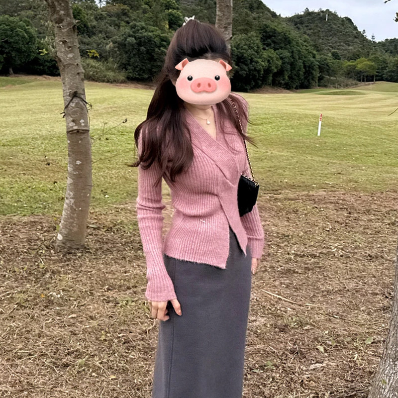 温柔风甜美粉色V领绞花针织衫女秋冬收腰气质内搭设计感开叉上衣,个性定制/设计服务/DIY,工作服定制,淘宝优惠券,粉丝福利购,淘宝优惠卷