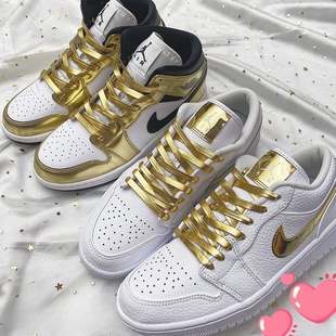 适配AJ1Mid液态金白金小黑金金脚趾AF1金色银色PU超纤皮 带男女 鞋