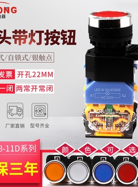 LA38-11DN带灯按钮开关自复位平头电源自锁DS控制电动开关220V24V