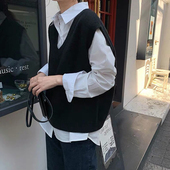 2026春秋韩版 黑色针织背心女学生百搭V领套头毛衣马甲ins宽松外穿