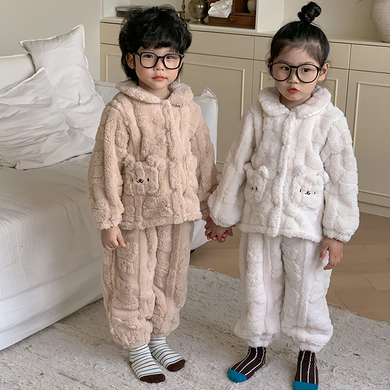 男女童法兰绒秋冬睡衣套装小熊