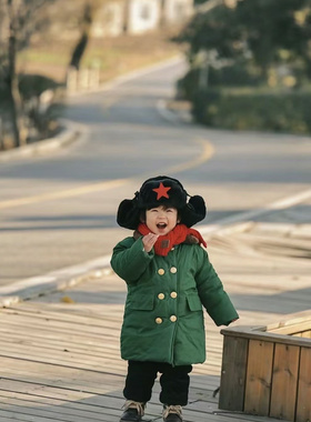 儿童军大衣东北加棉加厚冬长款军绿色男女童复古外套老式棉衣加绒