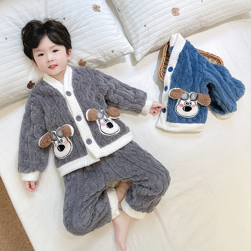 男童睡衣套装秋冬季法兰绒宝宝保暖套装开衫冬款儿童珊瑚绒家居服