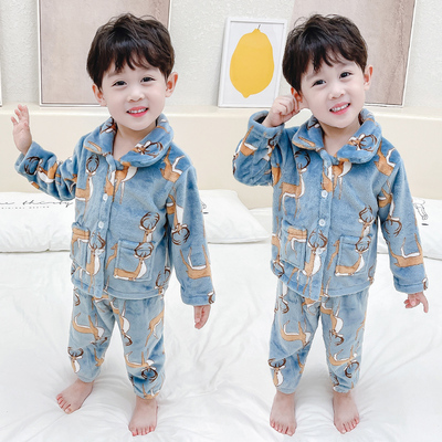 儿童法兰绒睡衣套装保暖秋冬季男童加绒家居服宝宝冬装加厚珊瑚绒