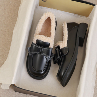 大码 小皮鞋 女鞋 女秋冬黑色厚底雪地棉鞋 41到43加绒乐福鞋 牛皮版