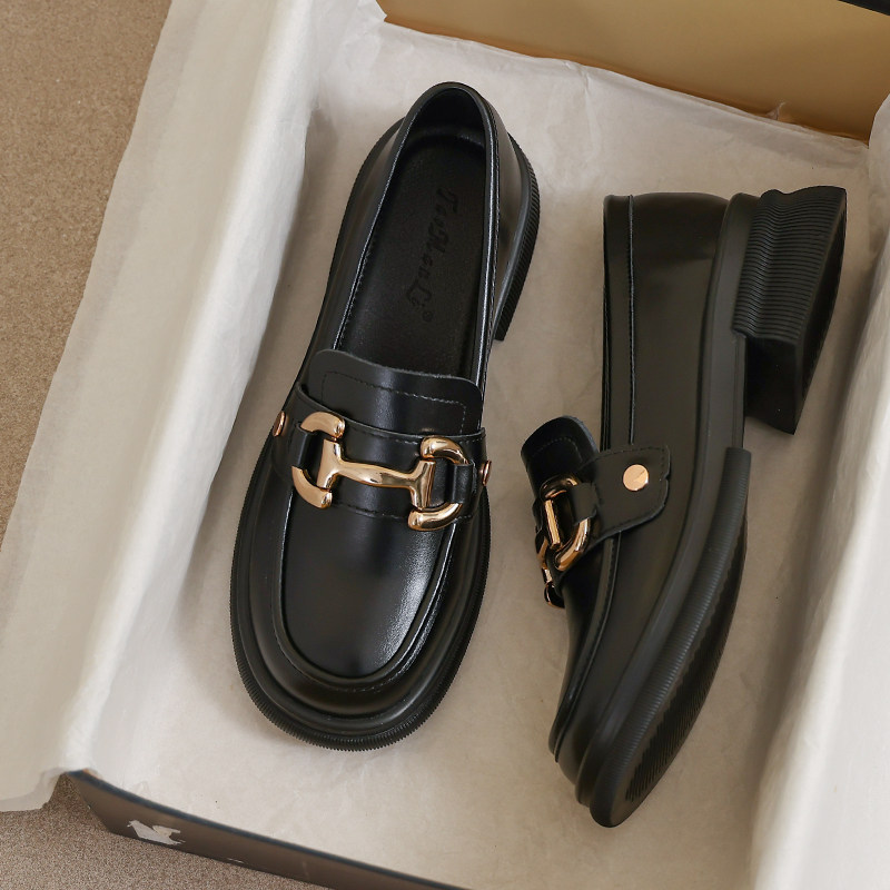 牛皮版~大码41到43小皮鞋女款2026新款春季英伦黑色配裙子乐福鞋