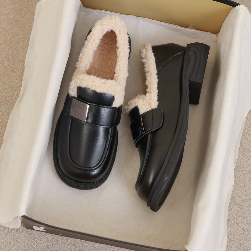 牛皮版~大码女鞋41到43加绒小皮鞋冬2025新款毛毛棉鞋学院乐福鞋