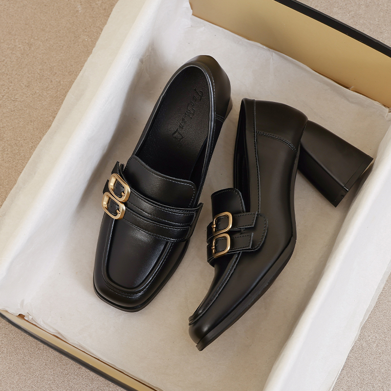 羊皮版~方头气质通勤小皮鞋女2026新款春秋黑色单鞋粗高跟乐福鞋