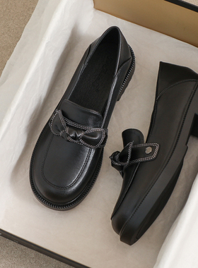 牛皮版~法式黑色小皮鞋2005新款秋冬厚底乐福加绒一脚蹬英伦单鞋