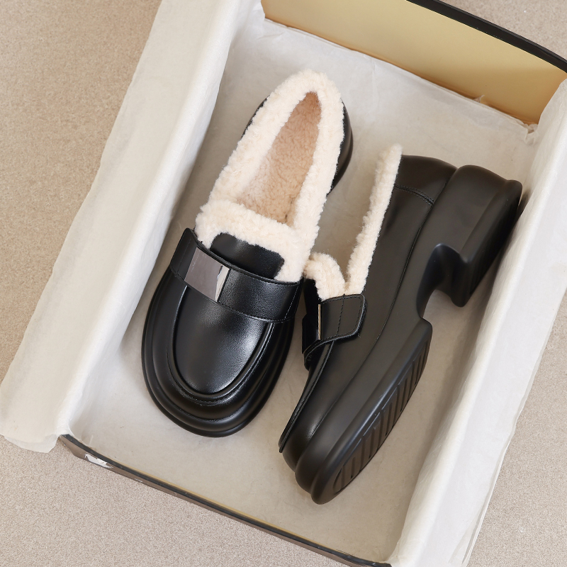牛皮版~厚底加绒乐福鞋女2025新款冬季毛毛保暖棉鞋英伦风小皮鞋